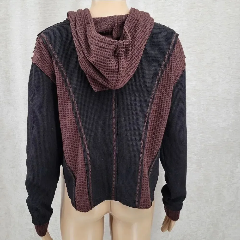 POL Brown and Black Waffle Knit Full Zip Hooded Jacket Sweatshirt Women's Small